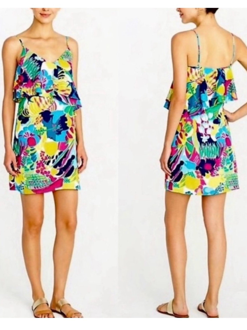 J Crew Factory Printed Ruffle-front Cami Dress Bright